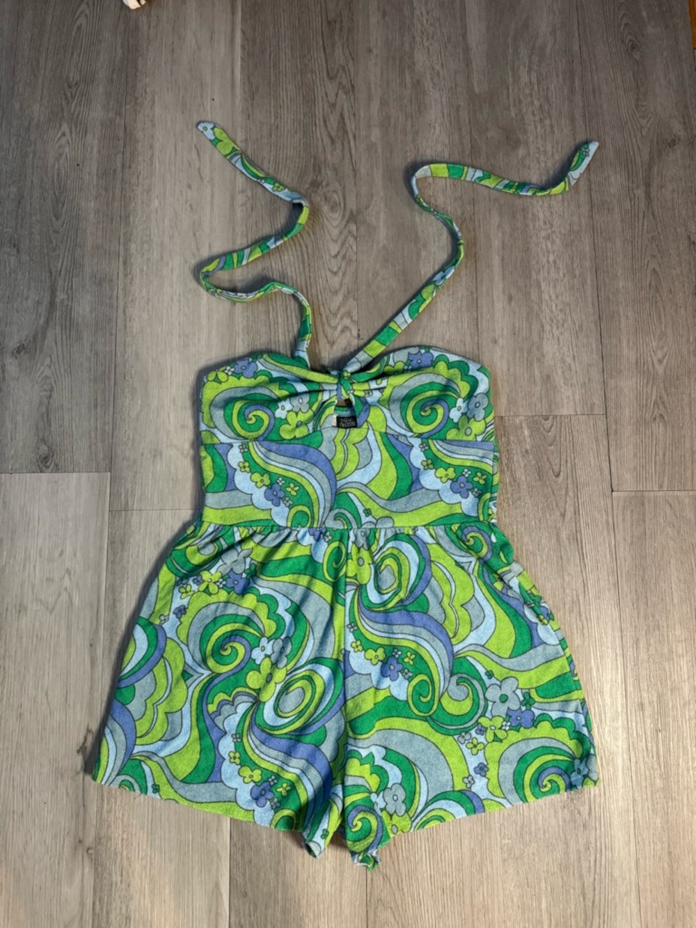 Wild Fable Sleeveless Halter Neck Towel Terry Beach Romper Blue Swirl Small